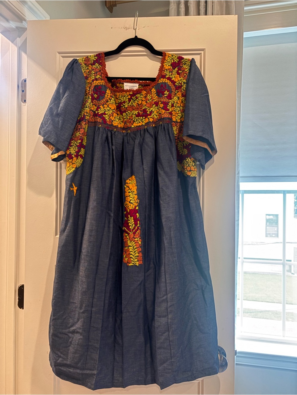 Mi Golondrina Hand-Embroidered Indigo Cotton Dress with Floral Yoke